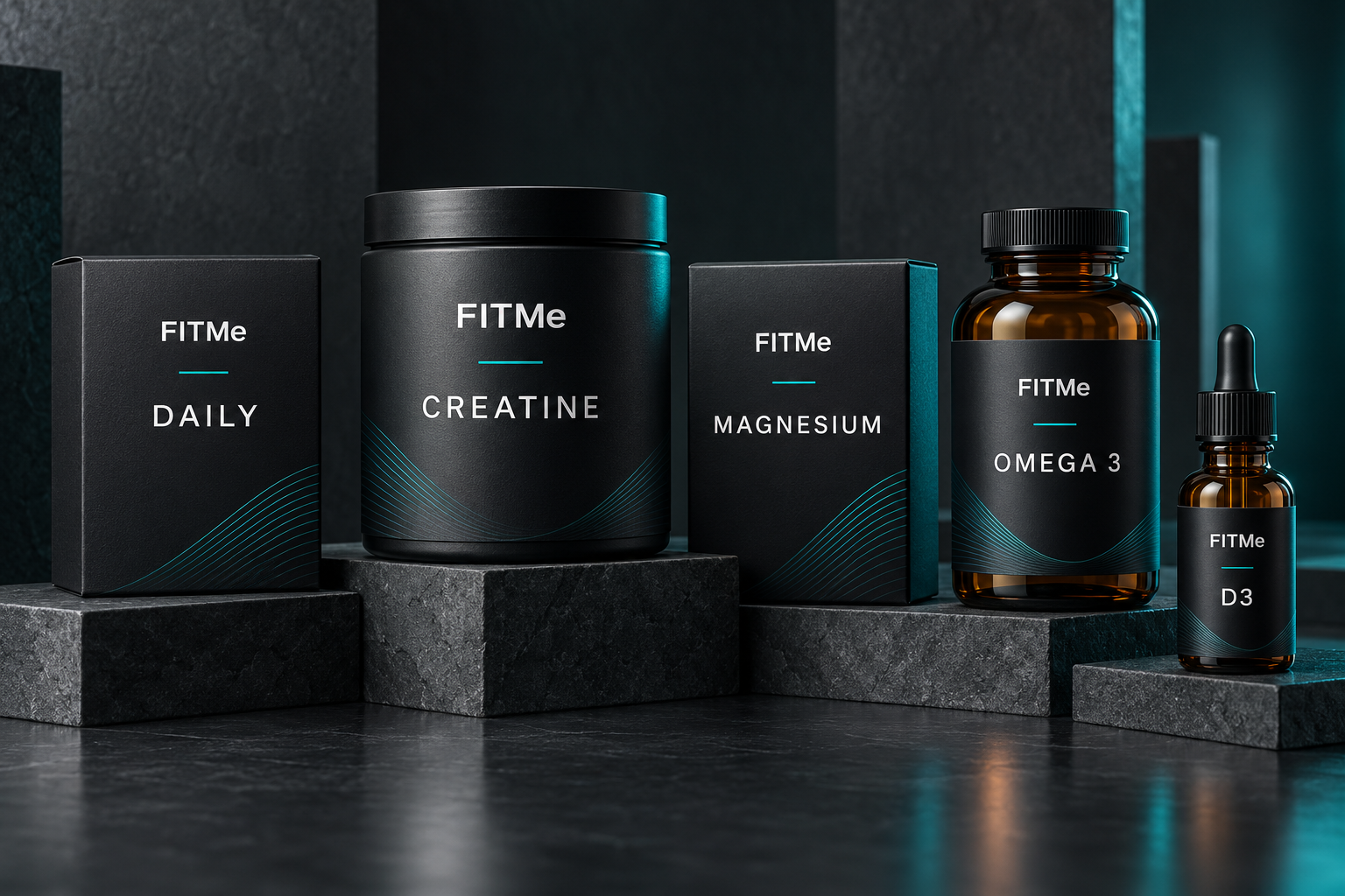 Oblikovalski koncept petih premium izdelkov FITMe v grafitni embalaži s turkiznimi poudarki